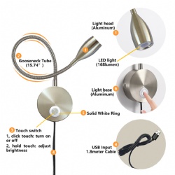 USB / Adaptor / dimmable wall mounted reading light