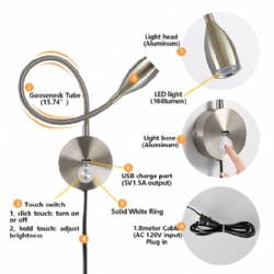 CRISETEK wall mounted reading light headboard touch dimmable switch 120V AC plug in power supply (Brush Nickel, Warm White)