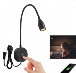 CRISETEK wall mounted reading light headboard touch dimmable switch 120V AC plug in power supply (Matte Black, Warm White)