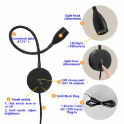 CRISETEK wall mounted reading light headboard touch dimmable switch 120V AC plug in power supply (Matte Black, Warm White)